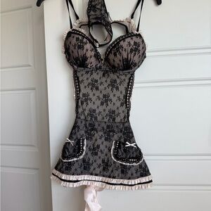 Victoria's Secret Sexy Little Things Black Pink Lace French Maid Lingerie Apron